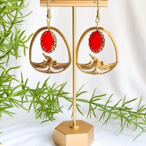 VINTAGE BRASS BIRD vintage Swarovski red crystal earrings