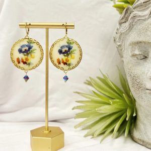 VINTAGE LARGE FLORAL glass cabochon Swarovski iridescent crystal earrings