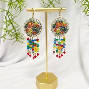 VINTAGE PRESSED FLORAL glass cabochon beaded fringe earrings
